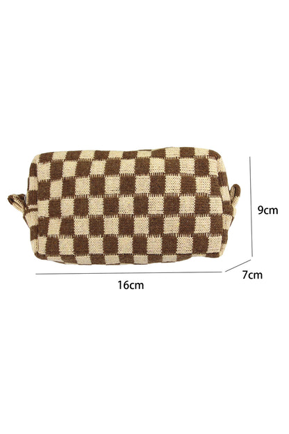 Sky Blue Checkered Knitted Zipper Makeup Bag