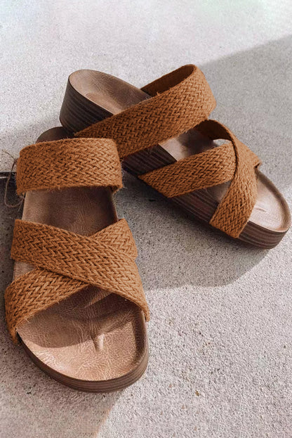 Beige Woven Criss Cross Strap Platform Slides Shoes