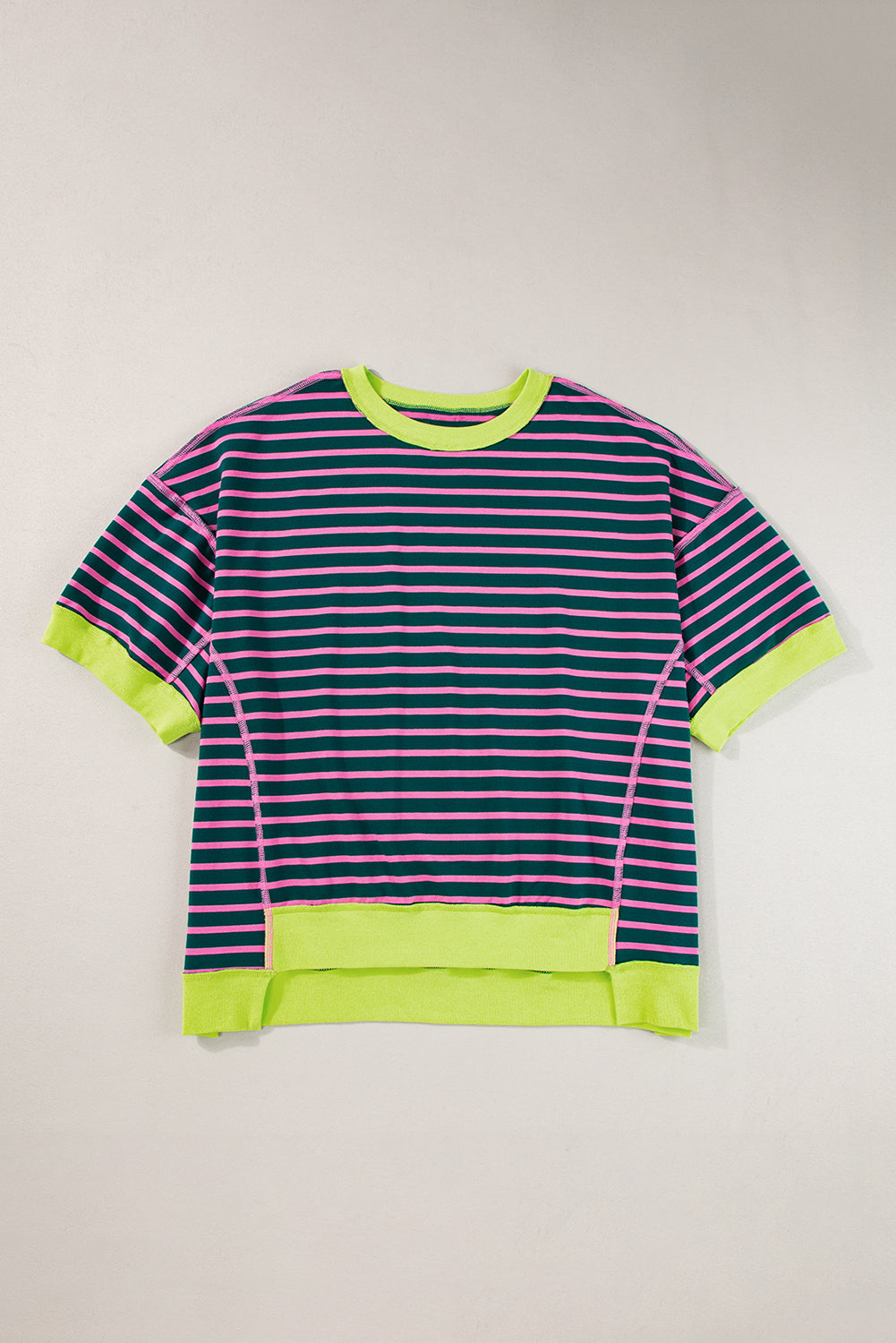 Pink Stripe Colorblock Drop Sleeve Oversized T Shirt