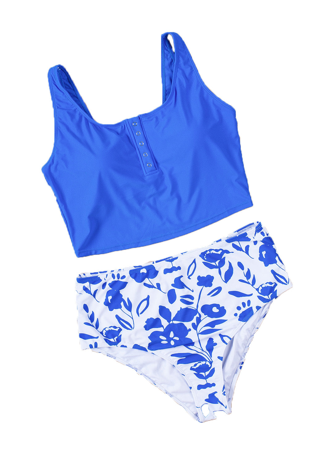 Blue Sexy Square Neck Sleeveless Floral Print Tankini Swimsuit