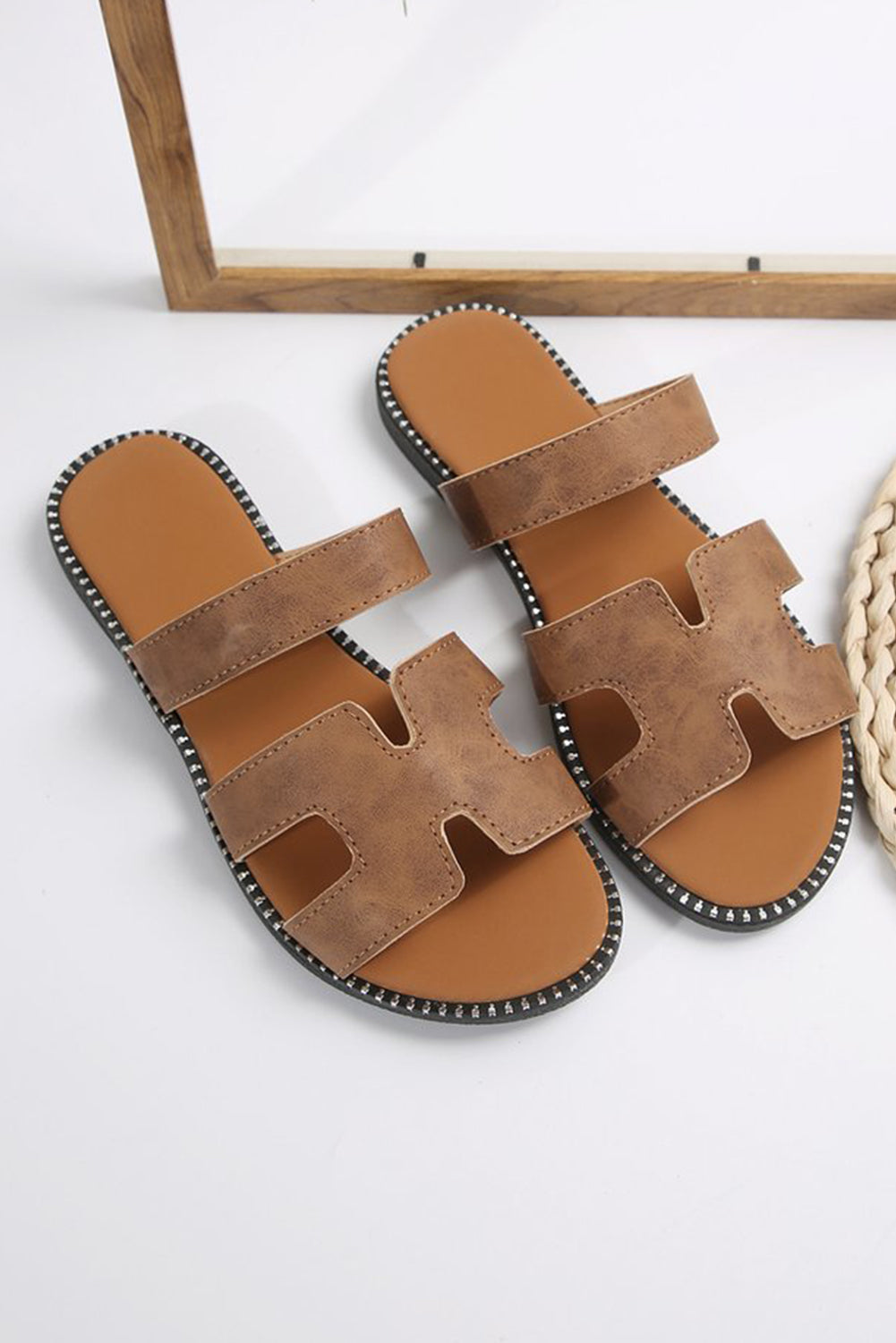 Brown Leather H Band Flat Slides Shoes