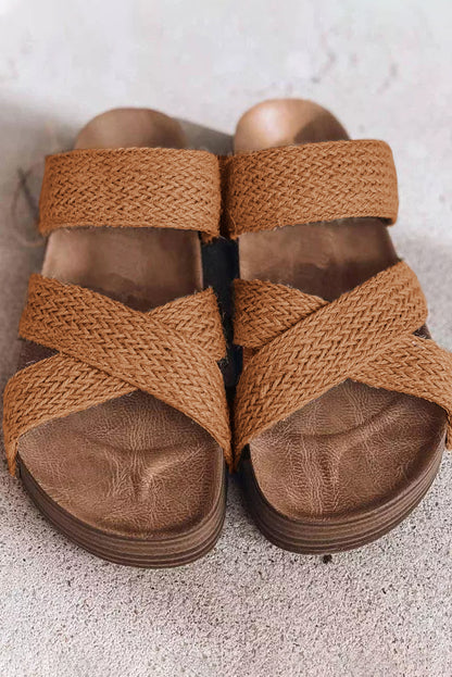 Beige Woven Criss Cross Strap Platform Slides Shoes