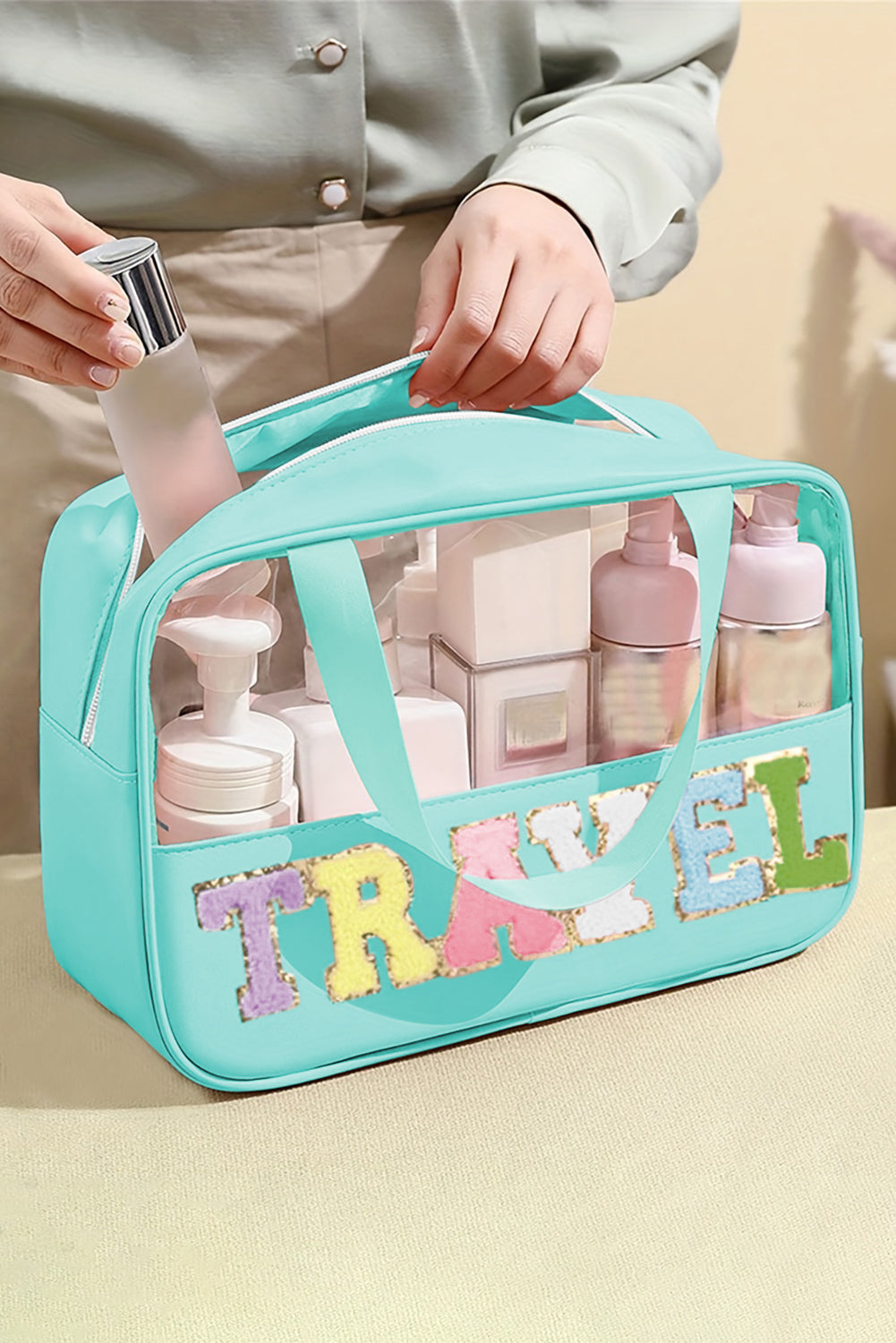 Parchment TRAVEL Letter Print Clear PVC Makeup Bag