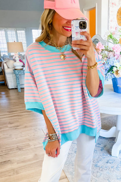 Pink Stripe Colorblock Drop Sleeve Oversized T Shirt