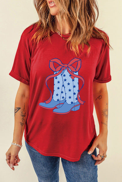 Red Star Boots Bow Knot Graphic Crew Neck T Shirt