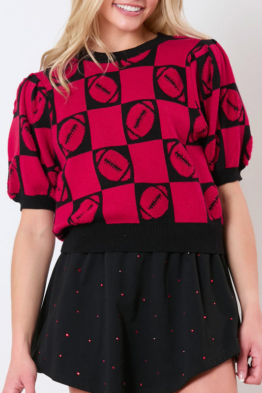 Red Rugby Checkered Color Block Puff Sleeve Knit Top