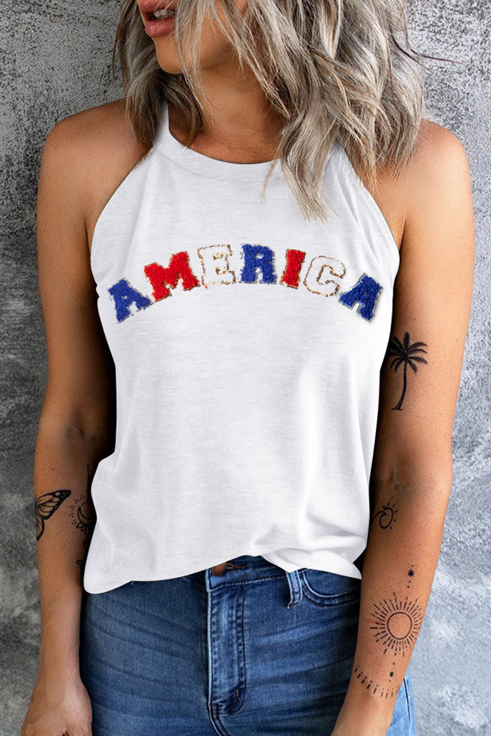 White Chenille AMERICA Graphic Halter Tank Top