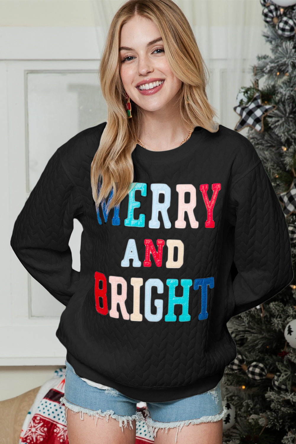 White Merry and Bright Quilted Sweatshirt