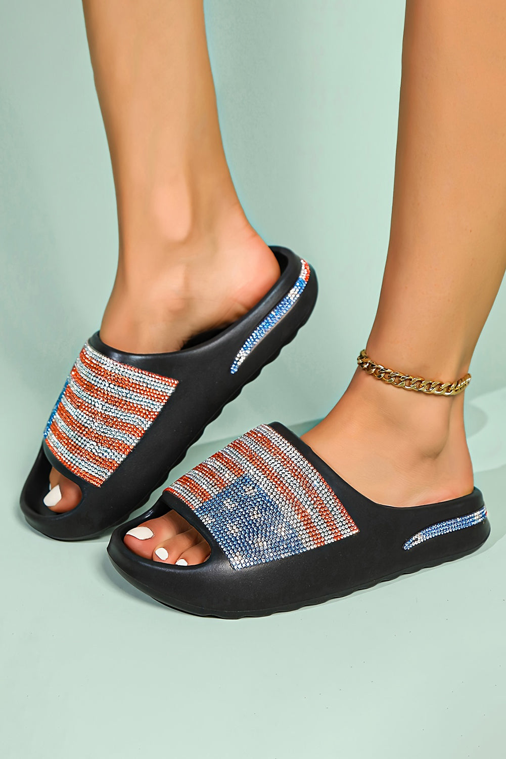 White Rhinestone American Flag Thick Sole Slides Shoes