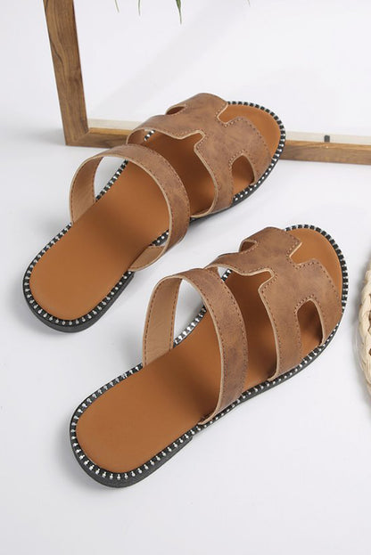 Brown Leather H Band Flat Slides Shoes