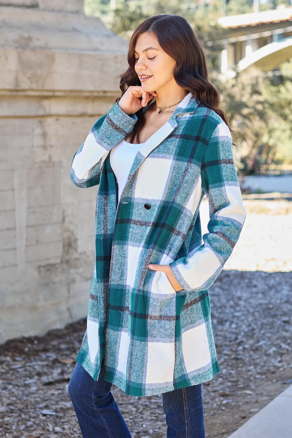 French Blue plaid lapel collar overcoat