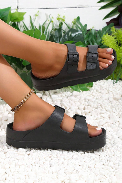 Black Solid Color Buckle Straps Beach Slides Shoes