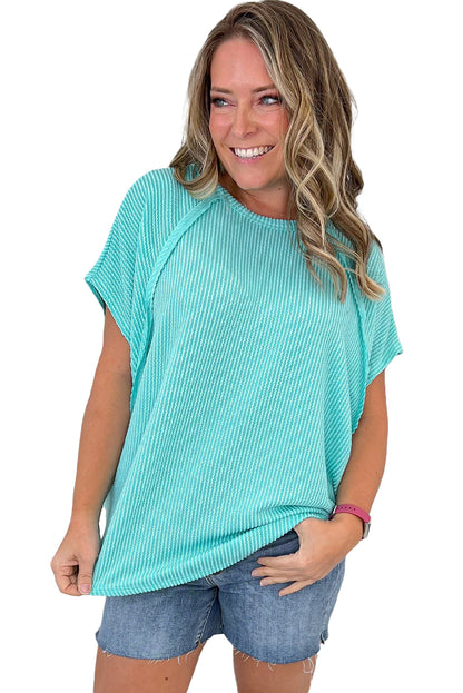 Light Blue Casual Ribbed Exposed Seam Plus Size T Shirt