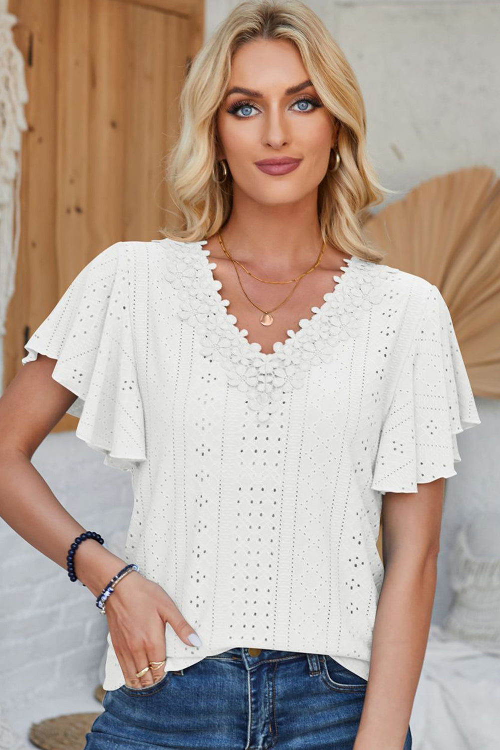 White Solid Color V Neck Ruffle Sleeve Loose T Shirt