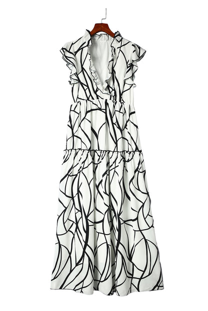 White Abstract Print V Neck Ruffle Maxi Dress