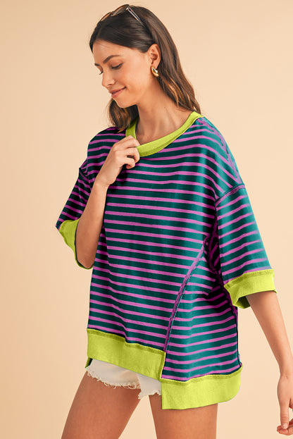 Pink Stripe Colorblock Drop Sleeve Oversized T Shirt