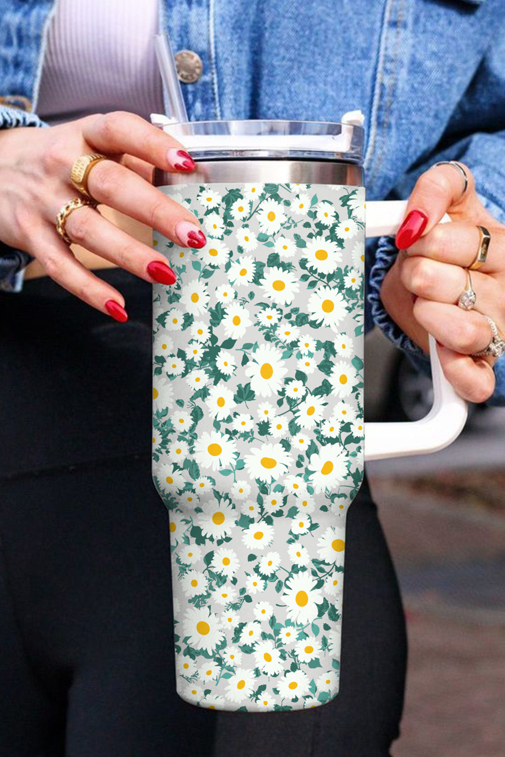 Mint Green Daisy Print Handled Stainless Steel Vacuum Cup