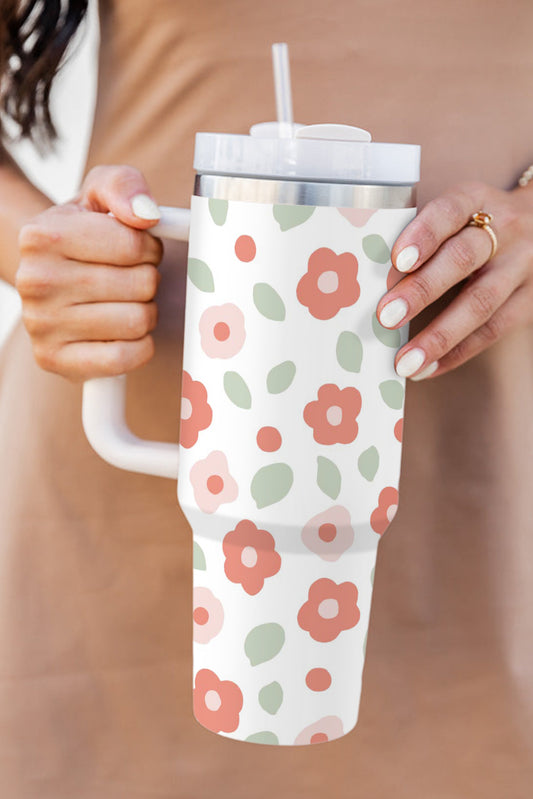 White 1200ml Floral Print Stainless Large Portable Cup