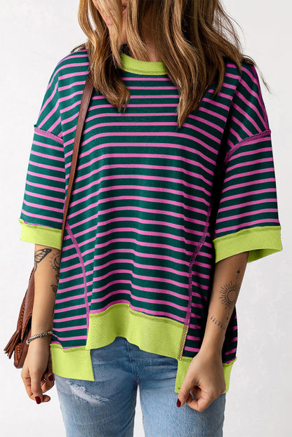 Pink Stripe Colorblock Drop Sleeve Oversized T Shirt