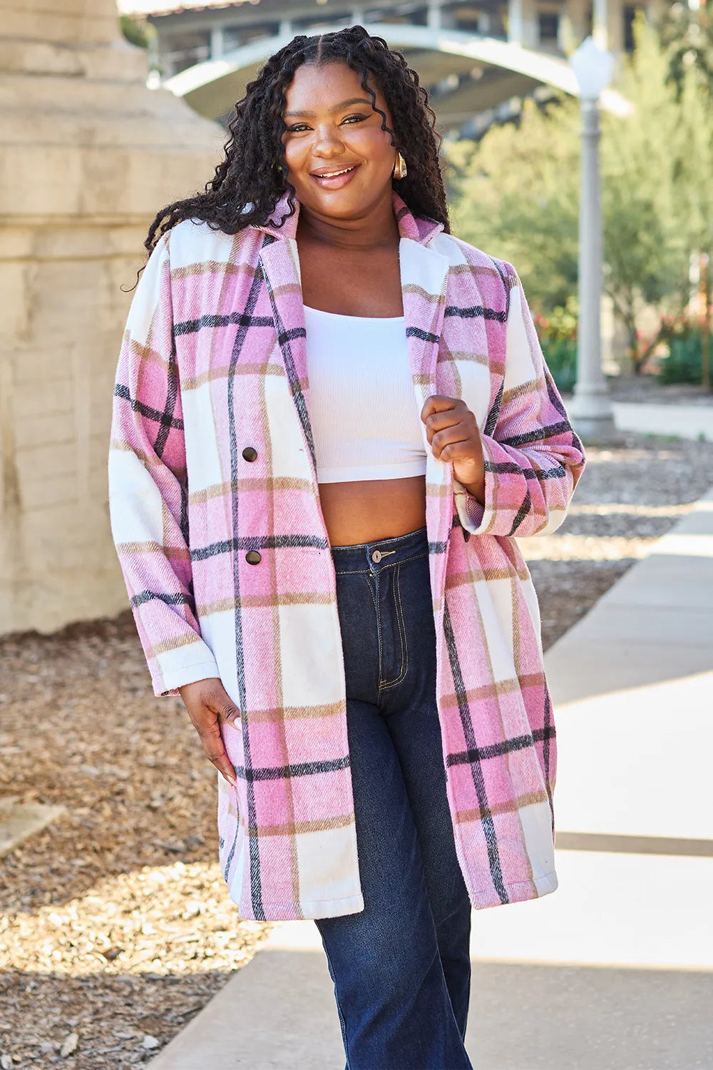 French Blue plaid lapel collar overcoat"