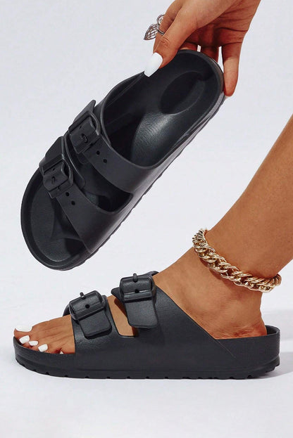 Black Solid Color Buckle Straps Beach Slides Shoes