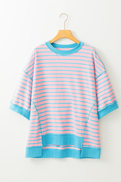 Pink Stripe Colorblock Drop Sleeve Oversized T Shirt