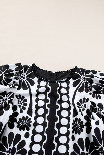 Black Floral Print Button-up Puff Sleeve Blouse