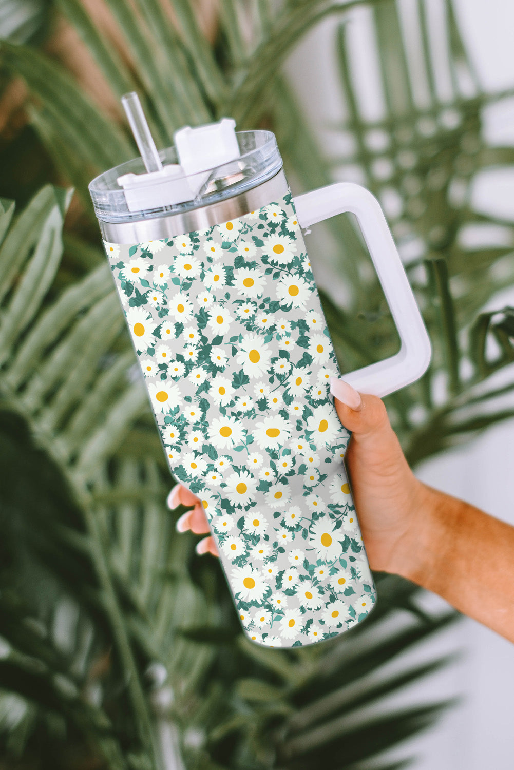 Mint Green Daisy Print Handled Stainless Steel Vacuum Cup