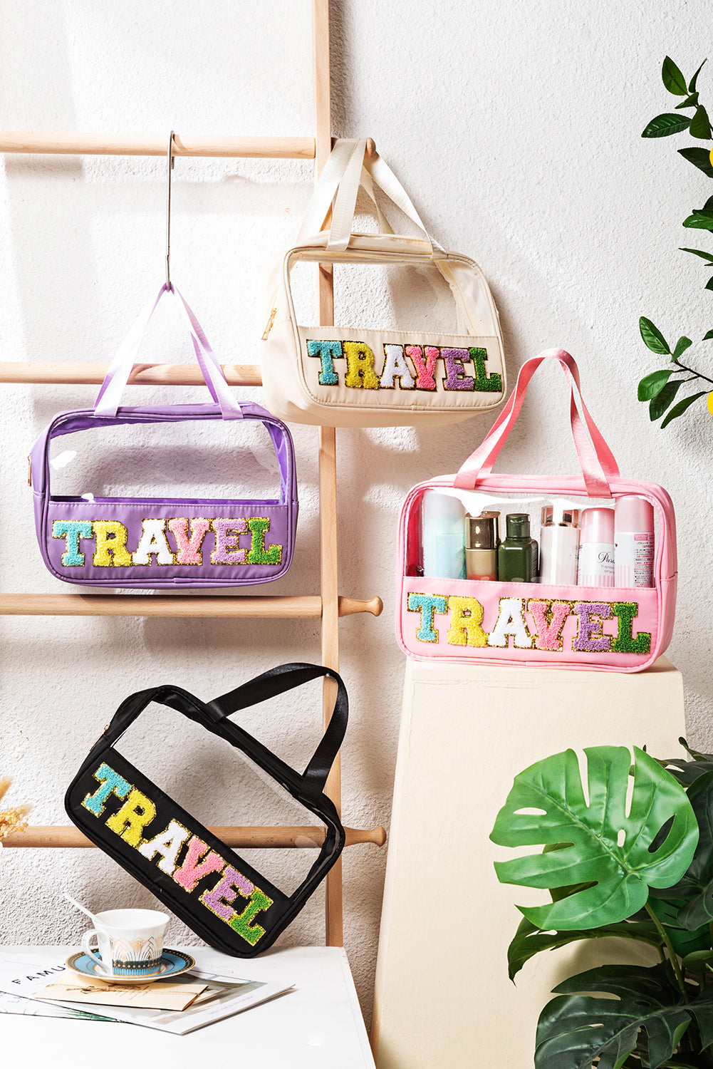 Parchment TRAVEL Letter Print Clear PVC Makeup Bag