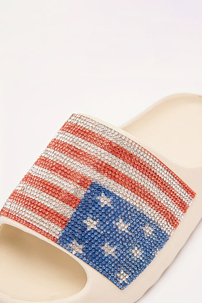 White Rhinestone American Flag Thick Sole Slides Shoes