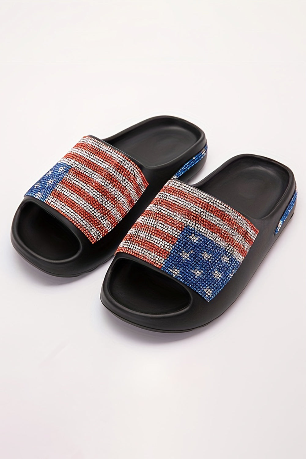 White Rhinestone American Flag Thick Sole Slides Shoes