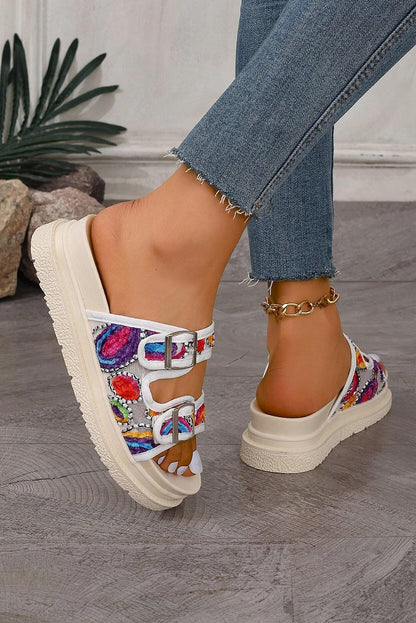 White Cut Out Buckle Strap Thick Sole Slippers