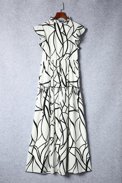 White Abstract Print V Neck Ruffle Maxi Dress