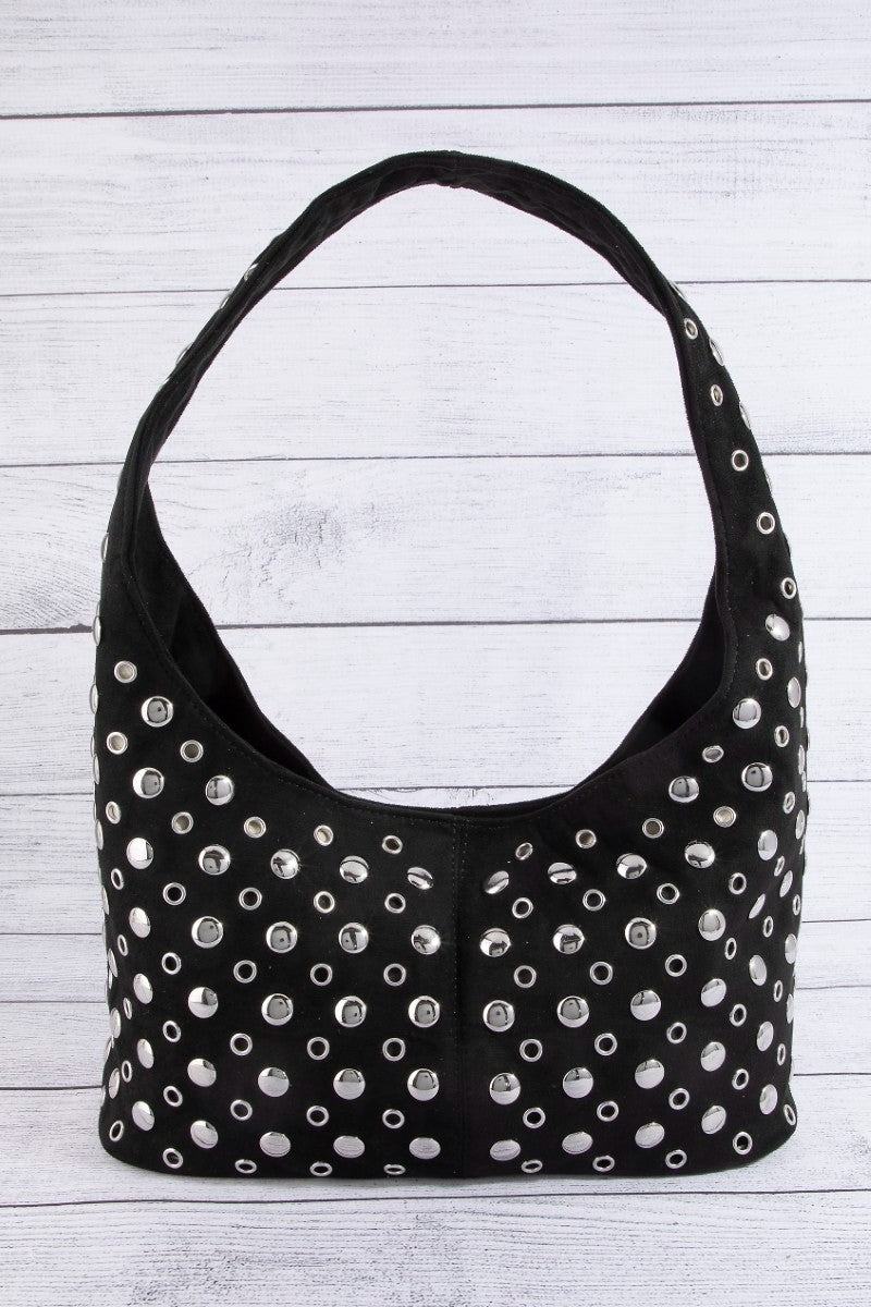 Black rivet studded shoulder bag with silver hardware