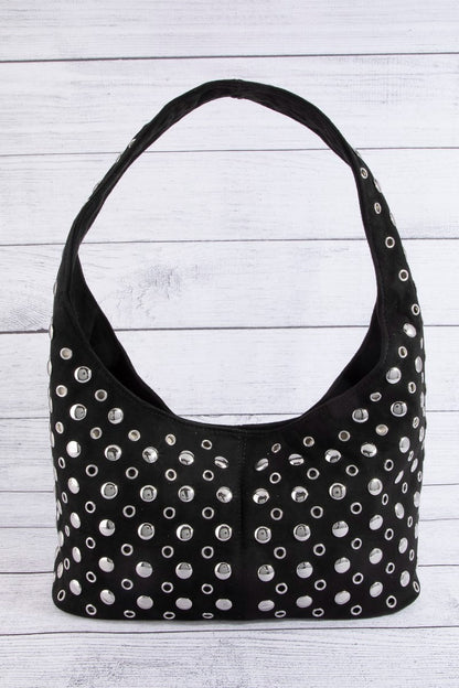 Black rivet studded shoulder bag with silver hardware