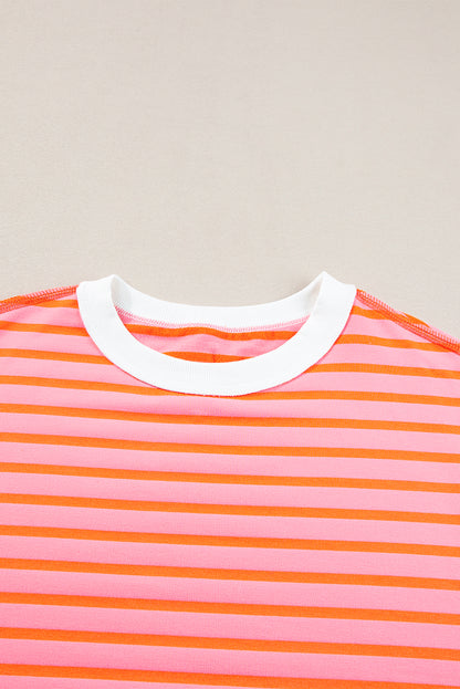 Pink Stripe Colorblock Drop Sleeve Oversized T Shirt