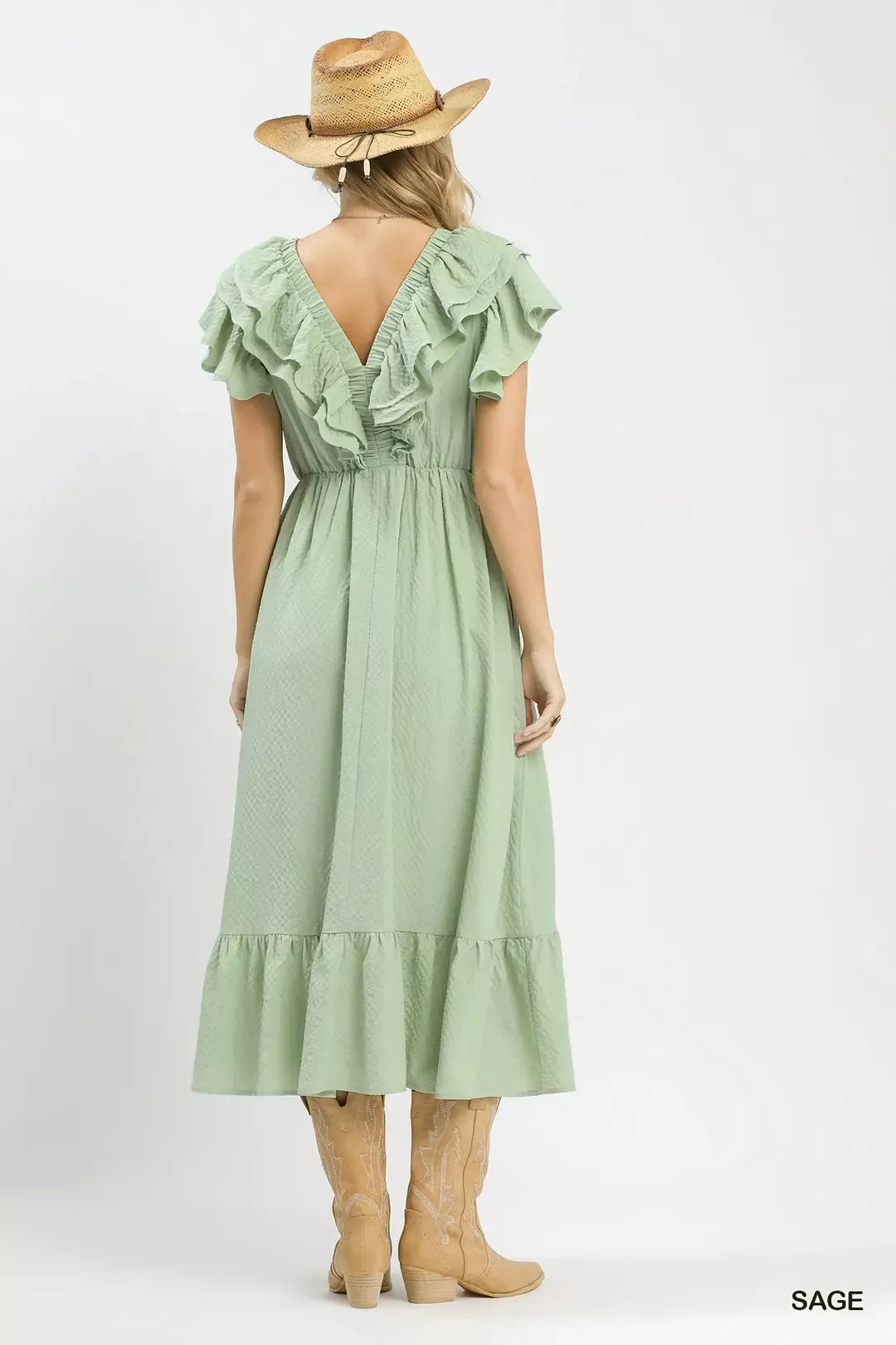 sage Green Umgee Textured Ruffle Midi Dress back View