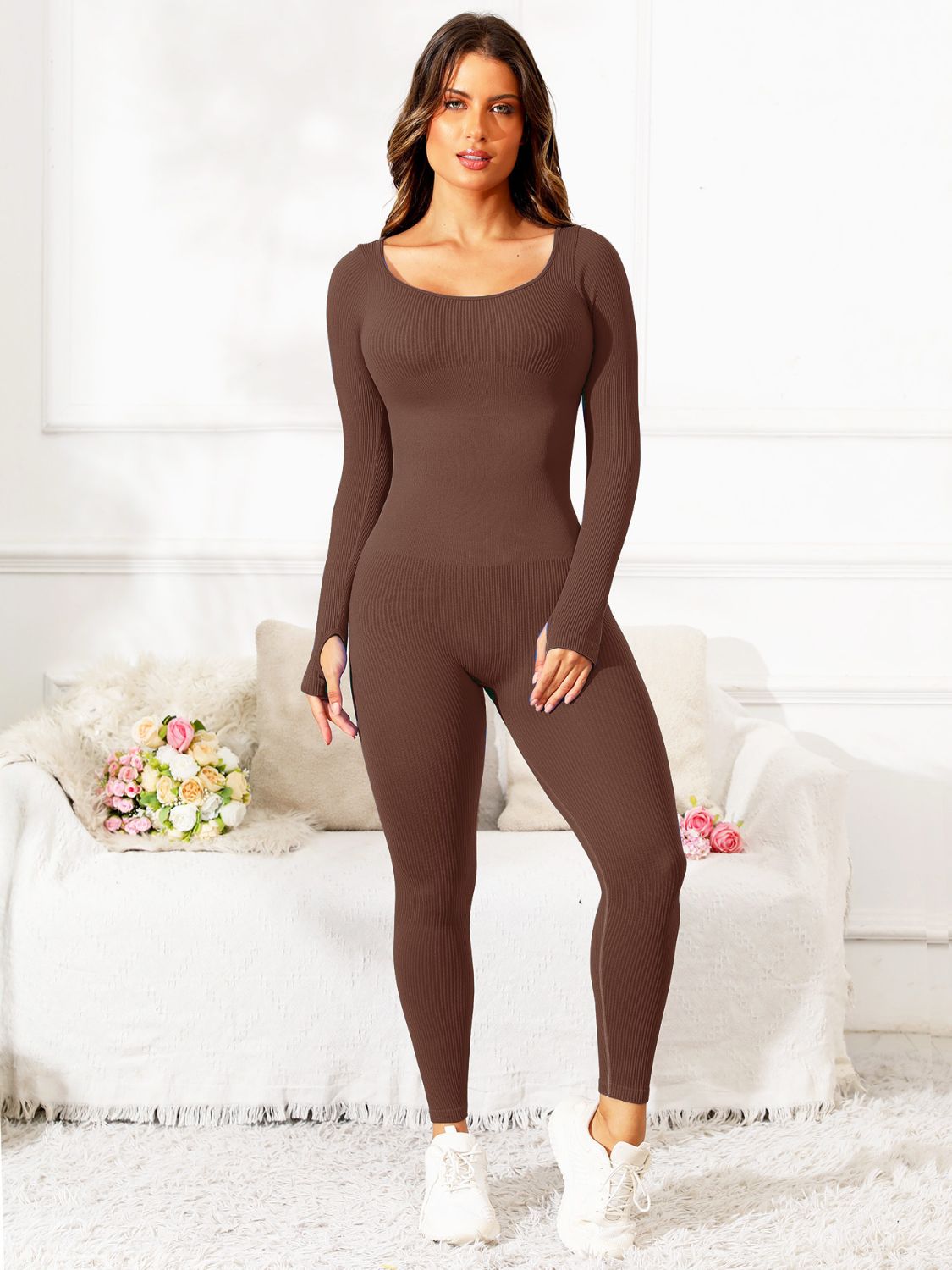 Scoop Neck Long Sleeve Active JumpsuitScoop Neck Long Sleeve Active Jumpsuit