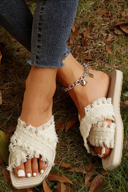 Beige Tassel Woven Crossed Straps Flat Slides Shoes