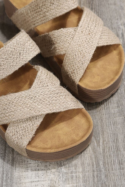 Beige Woven Criss Cross Strap Platform Slides Shoes