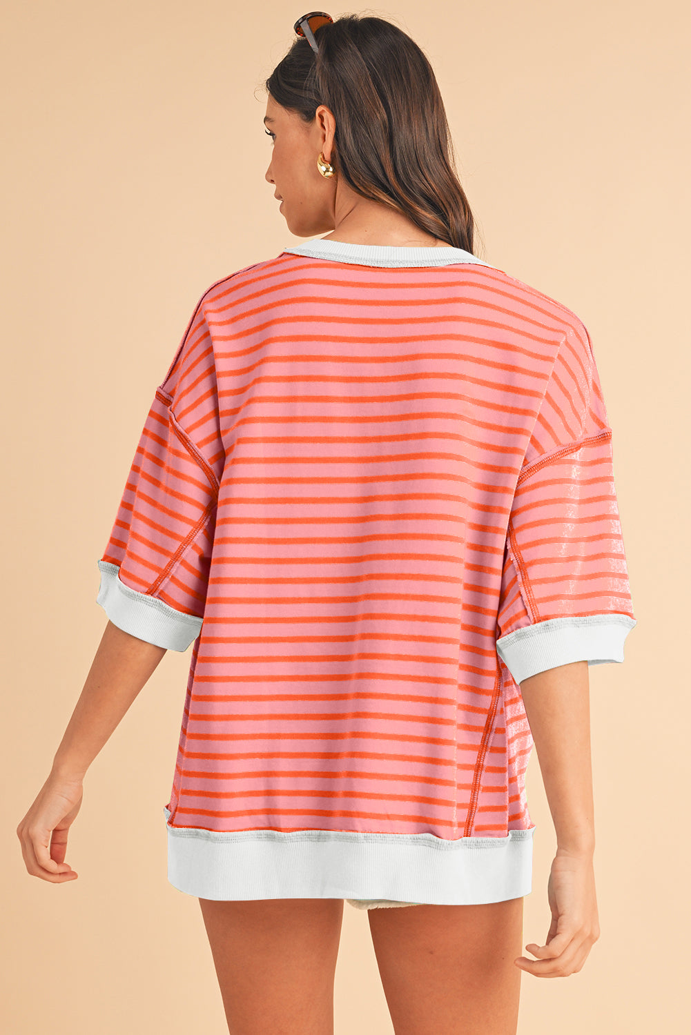 Pink Stripe Colorblock Drop Sleeve Oversized T Shirt