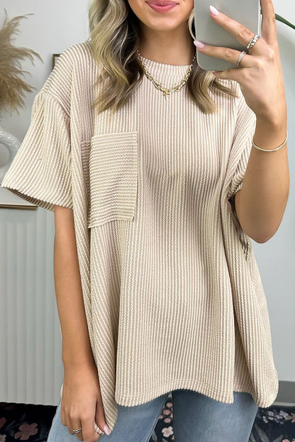 Pink Ribbed Knit Pocketed Loose Fit Crew Neck T Shirt