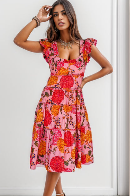 Ruffled Floral Square Neck Tiered Dress