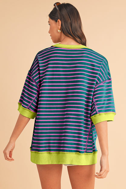 Pink Stripe Colorblock Drop Sleeve Oversized T Shirt