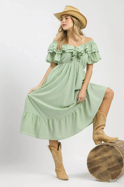 sage Green Umgee Textured Ruffle Midi Dress Front view