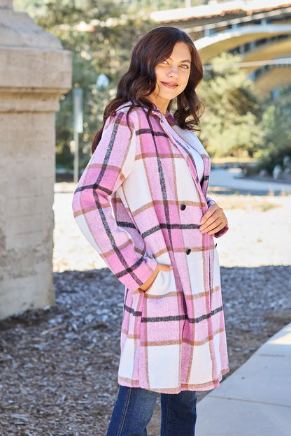 Longline pink plaid button up coat for women

