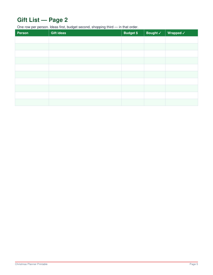 Gift list page from the Christmas Planner Printable