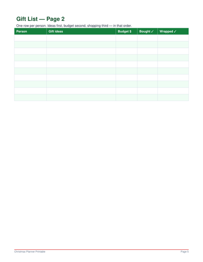 Gift list page from the Christmas Planner Printable
