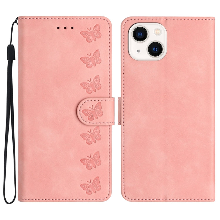 Seven Butterflies Embossed Leather Phone Case, For iPhone 15, For iPhone 14 Plus, For iPhone 14, For iPhone 14 Pro
