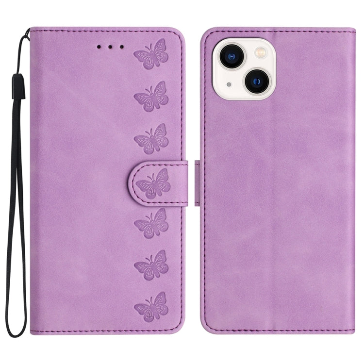 Seven Butterflies Embossed Leather Phone Case, For iPhone 15, For iPhone 14 Plus, For iPhone 14, For iPhone 14 Pro
